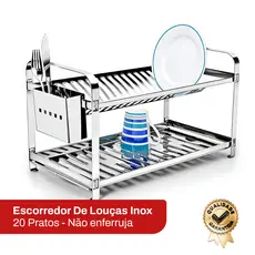 Escorredor de Louças Inox para 20 Pratos com Porta Talher, Organizador de Pia Resistente