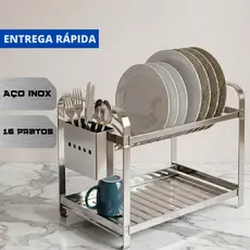 Escorredor de Louças em Inox 2 Andares Capacidade para 16 Pratos com Suporte Removível de Talheres