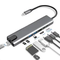 Adaptador Hub 8 em 1 USB-C HDMI 4K VGA RJ45 SD/TF 2 USB 3.0 PD 100W Para MacBook, Windows Chromebook Notebook Tablet