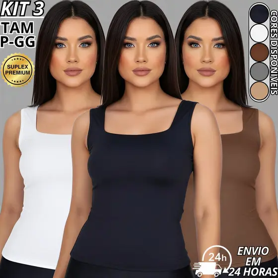 Kit 3 Regata Blusa Feminina Decote Quadrado Suplex Premium Forro Duplo Blusinha básica P M G GG