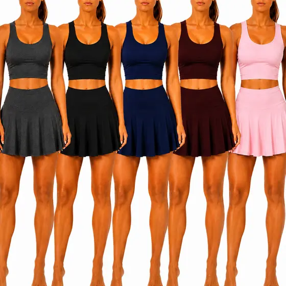 Kit 5 Conjunto Feminino Fitness Saia Shorts Top sem Bojo Tecido Leve Confortável Academia Treino