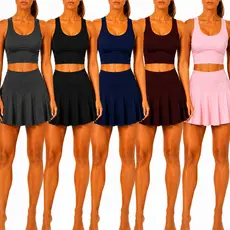 Kit 5 Conjunto Feminino Fitness Saia Shorts Top sem Bojo Tecido Leve Confortável Academia Treino