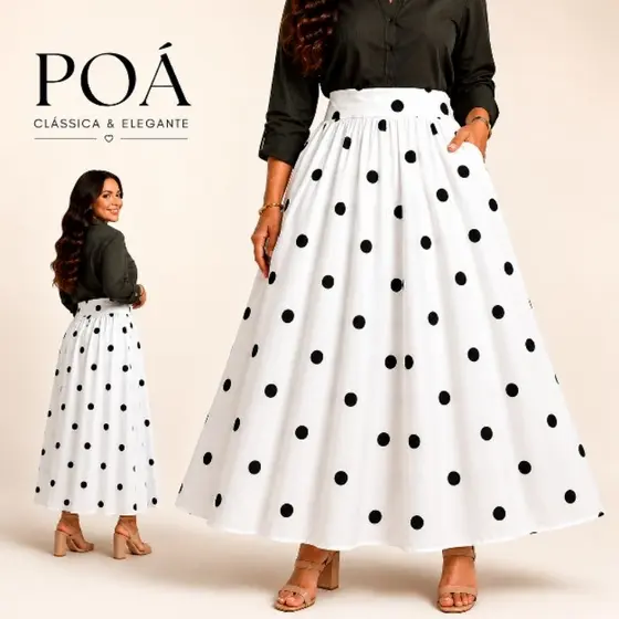 Saia Feminina Midi Evasê Crepinho Cós com Elástico nas Costas Casual Elegante