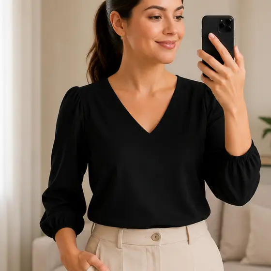 Blusa Feminina Manga 3/4 Crepe Duna com Modelagem Sofisticada