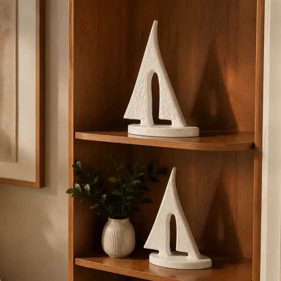 Kit 2 Esculturas Decorativas em Cerâmica Barco Vela Nórdica Off White Mesa Aparador