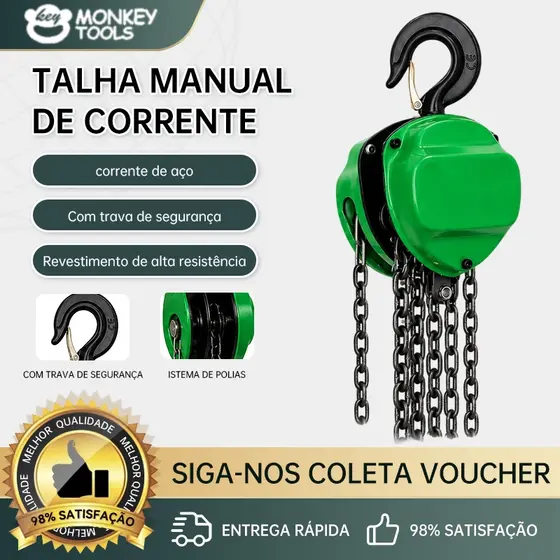MonkeyTools Talha Manual 2 Toneladas Verde com Corrente de Aço e Gancho de Segurança