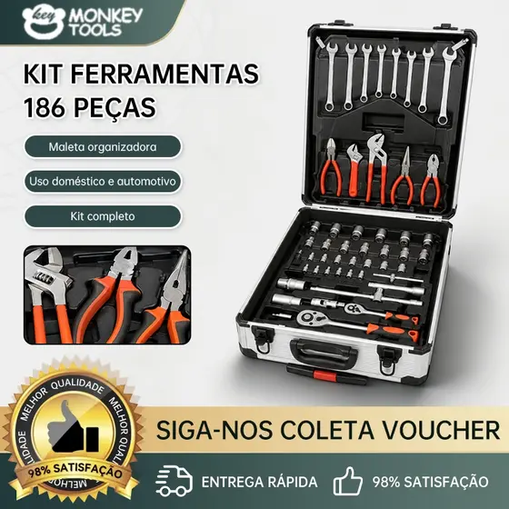 Monkey Tools Maleta Organizadora Com 186 Peças De Ferramentas Manuais Para Manutenção Diária