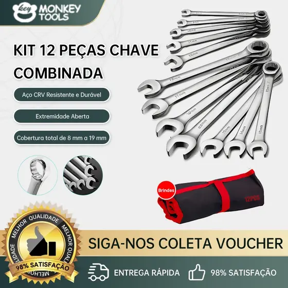 Monkey Tools Jogo Chave Combinada 12 Pçs 8 A 22mm Boca Estrela Açocromado Prateado