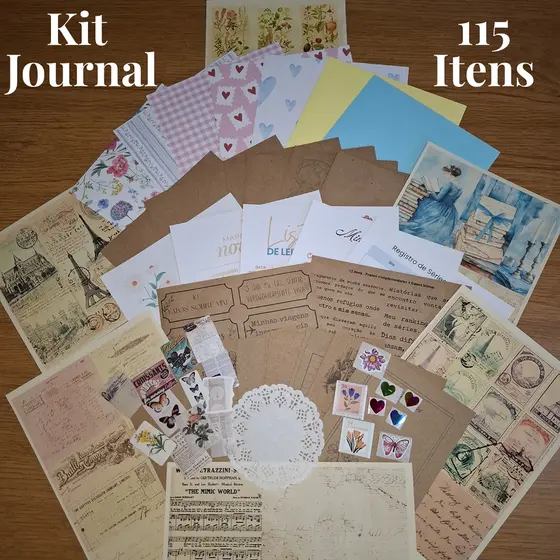 Kit Journal 115 Itens Scrapbook Completo. Adesivos, Washi Tape e Papéis | Papelaria Criativa