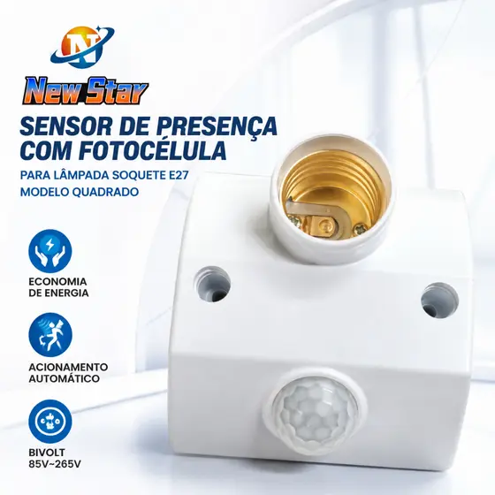 New Star Sensor de Presença Com Fotocélula Para Lâmpada Soquete E27 Modelo Quadrado