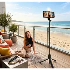 O mais recente tripé para selfie de 1,7 metro com luz LED, controle remoto Bluetooth e rotação de 360°.