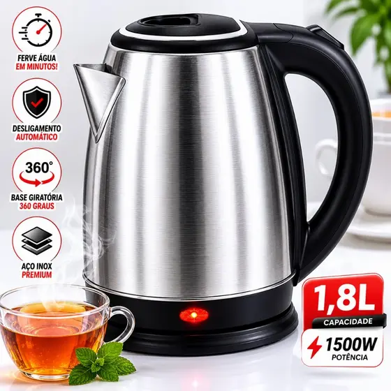 Chaleira Elétrica Aço Inox Premium 1,8 Litros 110v ou 220v Automática – Base 360° e Luz Indicadora
