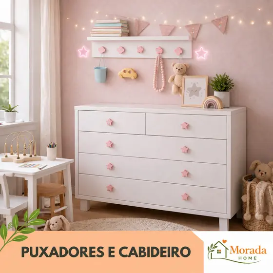 Kit 10 Puxadores e Cabideiros Pendurador com Prateleira Infantil Gavetas Cômodas Roupeiro Estrela