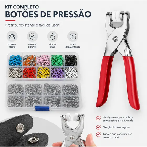 Kit Alicate Aplicador Botão De Pressão + Botões Metálicos Coloridos Para Costura Artesanato Couro