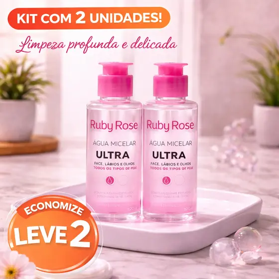 Kit com 2 Água Micelar Ultra Ruby Rose 120ml Limpeza Facial Demaquilante Sem Enxague Kit de Micellar
