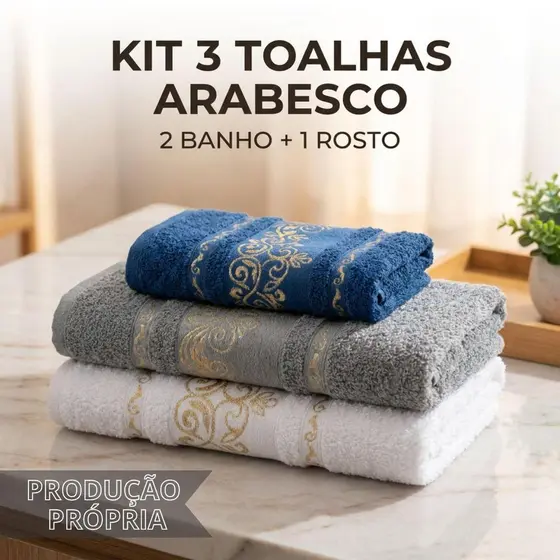Kit Toalha Arabesco 3 Peças 2 Banho + 1 Rosto 100% Algodão Banhão Super Macia