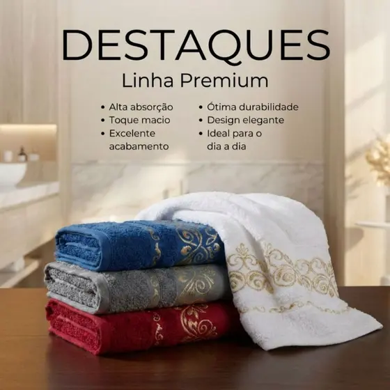 Kit 3 Peças Toalha Arabesco 2 Banho + 1 Rosto 100% Algodão Banhão Felpuda Secagem Rápida