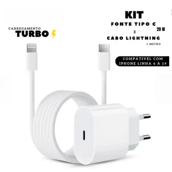 Kit Carregador Compatível Com Iphone 20W + Cabo Lightning - Carregamento Rápido
