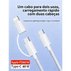 Cabo 2 em 1 Lightning + Type-C PD Turbo 60W Compatível iPhone XR até 17 Pro Max e Android Cabo Trançado Veicular