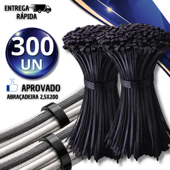 Kit 300 Abraçadeira de Nylon 200mm x 2,5mm Para Cabos e Fios Enforca Gato Preto