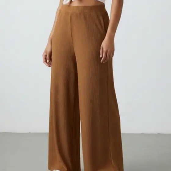Calça Pantalona Wide Leg Feminina Cintura Alta Malha Canelada