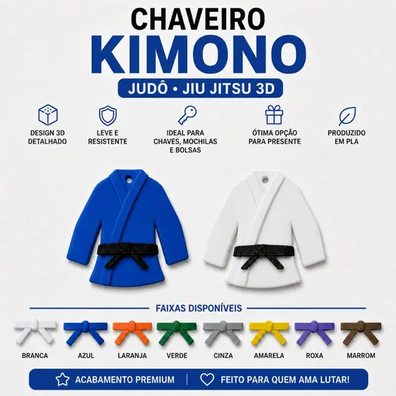 Chaveiro Judô Jiu Jitsu Kimono 3D Faixas Coloridas – Acessório Esportivo Mochila e Chaves Lembrancinha Atletas e Alunos