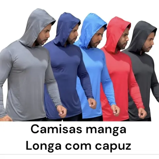 kit 5 camisas manga longa com capuz malha fria poliéster básica lisa casual REF-2022