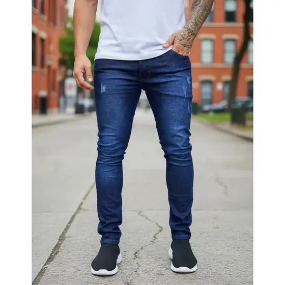 Calça Masculina Jeans Skinny Lavagem Escura Destonada