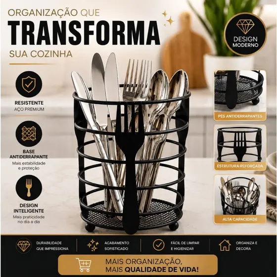 Porta Talheres de Mesa Organizador de Talheres Aço Carbono Preto Premium Cozinha Moderna