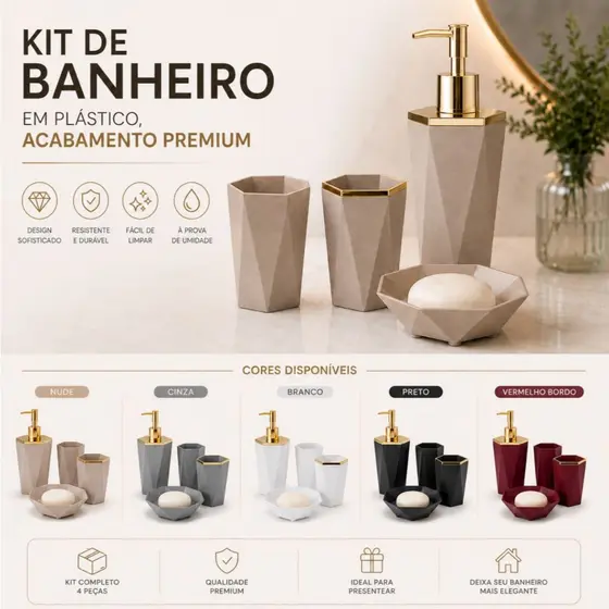Kit Premium para Banheiro em Plástico Resistênte Luxo - 4 Peças Escolha Sua Cor Preferida