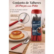 Conjunto de Talheres 24 Peças com Pote Organizador | Aço Inoxidável | Cabo Reto Resistente - Escolha a cor