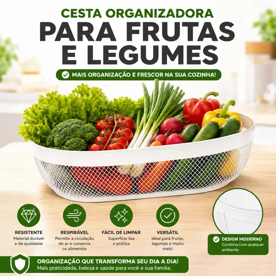 Cesta Organizadora Multiuso Em Metal Telado 31x22cm Fruteira