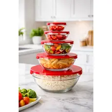 Conjunto 5 Potes De Vidro Hermético Com Tampa  Vermelho Organizador Cozinha micro-ondas