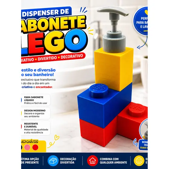 Dispenser de Sabonete Líquido Lego Criativo Porta Sabonete Banheiro Lavabo Decoração Divertida Organizador Pia Design Mo