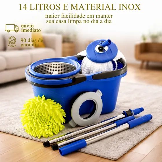 Mop Perfect Giratorio Profissional Cabo Inox 160Cm Esfregao Limpeza 14L Reforcado + 4 Refil