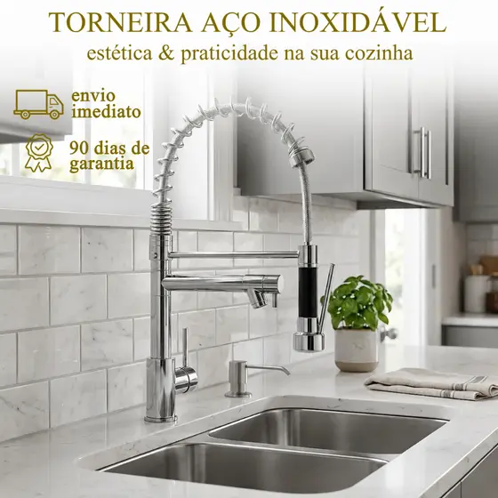 Torneira Inox Dupla Flexivel Gourmet Resistente Cromada Quente e Fria Cozinha Chique