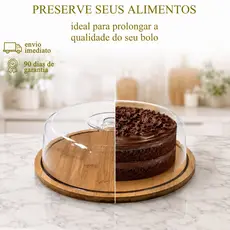 Boleira Queijeira Extra Grande 28cm Bambu Tampa De Acrílico Porta Bolo Torta Pudim Queijo Ecológica