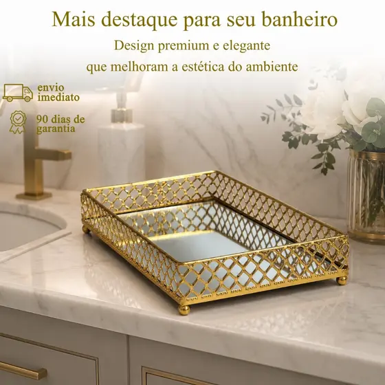 Bandeja Espelhada Metal Dourada Cromada Decorativa Lavabo Banheiro Café Bar Perfume Luxo Mesa Posta
