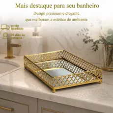 Bandeja Espelhada Metal Dourada Cromada Decorativa Lavabo Banheiro Café Bar Perfume Luxo Mesa Posta