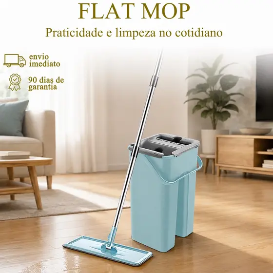 Flat Mop +2 Refis Esfregão Com Balde Vassoura Rodo Mágico Lava Seca Forte Tira Pó envio imediato