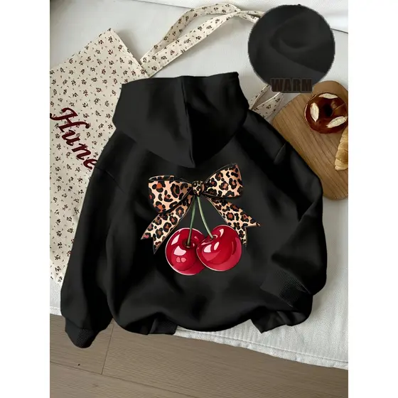 Moletom Feminino com Estampado de Cerejas - Sweatshirt Casual com Bolsos Casaco com Capuz Feminino