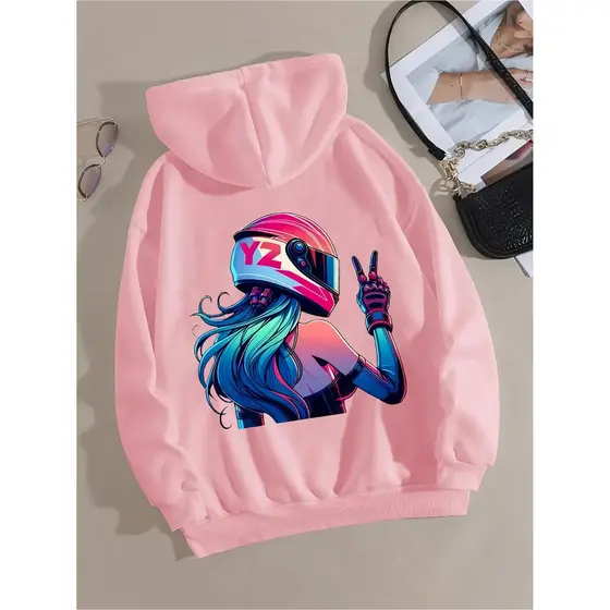 Moletom Feminino com Capuz  Estampa nas Costas  Moto Esportivo Motociclista Casual