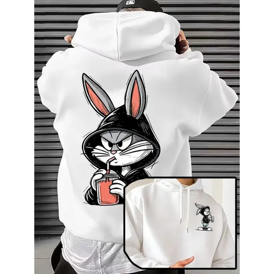 Moletom Masculino Com Capuz Canguru Streetwear Estampa Pernalonga Copo - Pernalonga na Frente/Costa