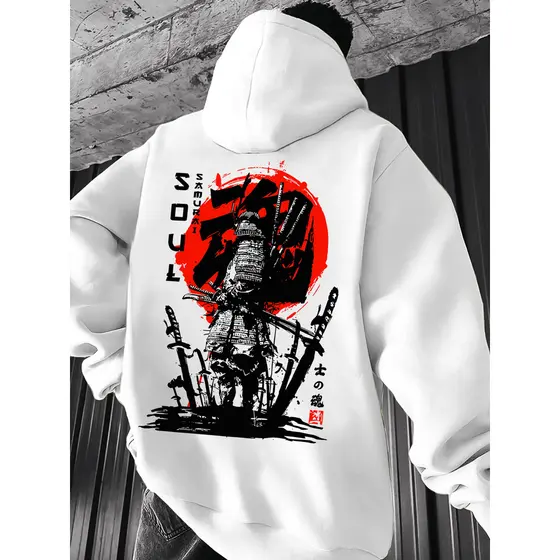 Moletom Masculino Canguru Streetwear Samurai Blusao de Frio Estampada Outono Inverno