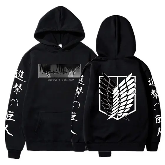 Moletom Masculino Canguru Anime Attack On Titan Levi Asas Da Liberdade Blusa De Frio Unissex 100% Algodão Confortável