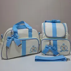 Kit Bolsa de Bebê e Mochila Maternidade Luxo Urso Rei Bege/Azul Claro