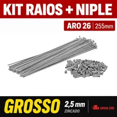 Raio Grosso 2.5mm Aro 26 255mm Cromado + Niples Para Roda de Bicicleta Bike