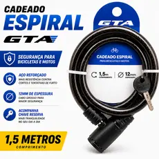 Cadeado Bike Moto 1,5mX12mm GTA Espiral Aço Reforçado Chave Reserva Segurança Alta Resiste Universal
