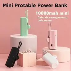 Power Bank Mini 10000mAh para Viagens: Recarga Sem Fio e Cabo (iPhone e Tipo-C) 2em1