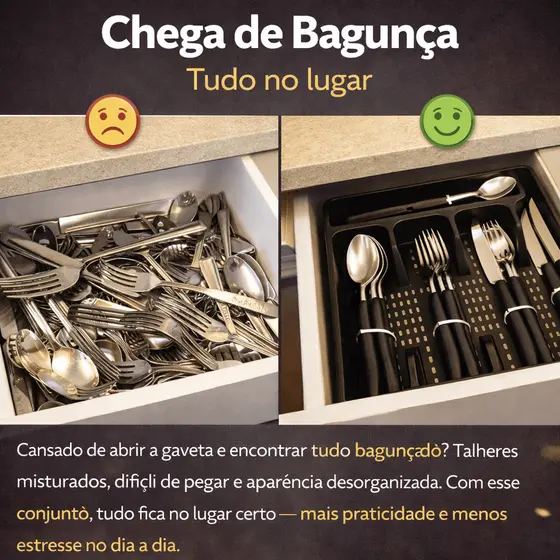 Talheres 17 Peças Porta Talheres Organizador Preto Jogo Completo